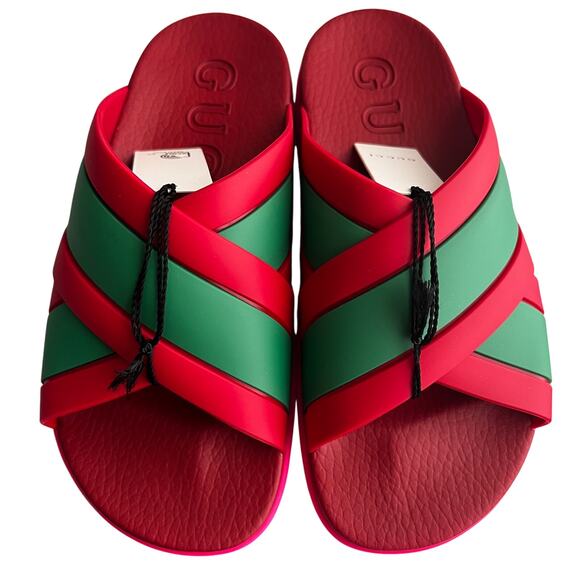 Gucci Red Green Striped Web Accent Rubber Sandals, IT37/US7 - Picture 2 of 16